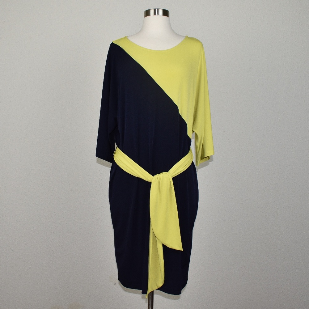 dressbarn yellow & blue dress Size 14 with belt
